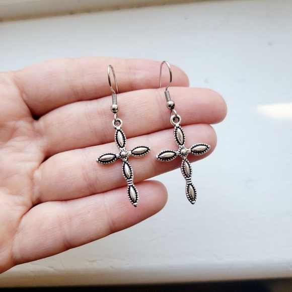 Pair of Silver Simple Classic Cross Hook Drop Earrings - Picture 5 of 8